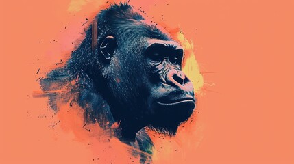  a close up of a monkey's face on an orange and pink background with a splash of paint on the upper half of the gorilla's face.