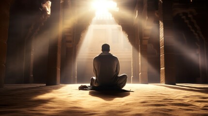 Islamic concept photo. Muslim man praying in the mosque and sunlight rays with haze in the morning. Ramadan or kandil or laylat al-qadr or kadir gecesi background photo. copy space - generative ai