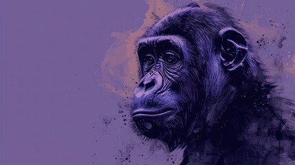  a close up of a monkey's face on a purple and purple background with a splash of paint on it.