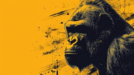  a close up of a gorilla face on a yellow and black background with paint splattered all over it.