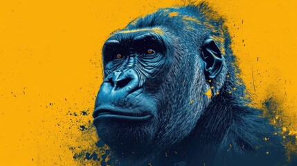  a close up of a gorilla's face with yellow and blue paint splattered on it's face.