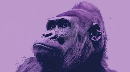  a close up of a monkey's face on a purple and purple background with a black and white photo of it's head.