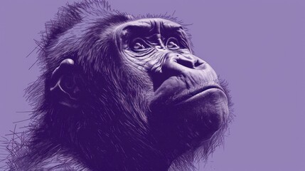  a close up of a monkey's face with its mouth open and eyes wide open on a purple background.
