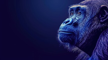  a close up of a monkey's face on a dark blue background with a blue light in the background.