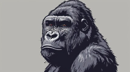  a drawing of a gorilla with a sad look on it's face, sitting in front of a gray background.