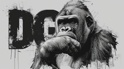  a black and white drawing of a gorilla with the word gorilla on it's face and hands in front of a grungy background.