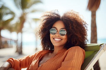 Radiant Woman Enjoying Tropical Beach Vacation in Sunglasses