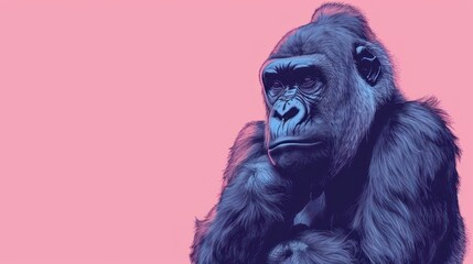  a close up of a gorilla on a pink background with a pink background and a blue gorilla on the right side of the frame.