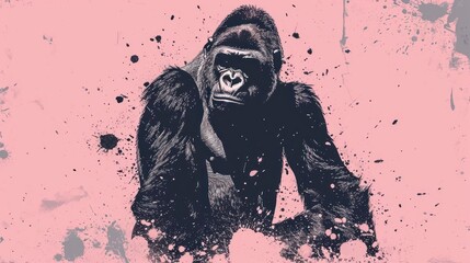  a gorilla standing in front of a pink background with black paint splattered on it's face and neck.