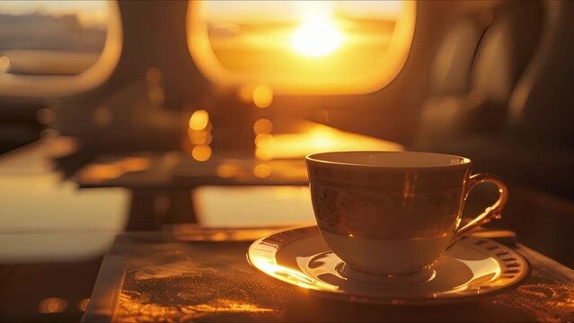 As the private jet soars into the dawn sky, the passengers are treated to a mesmerizing view of the sunrise through the window. In the foreground, an exquisite coffee service exudes elegance