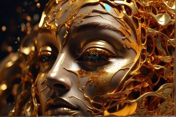 Human face in gold fluid