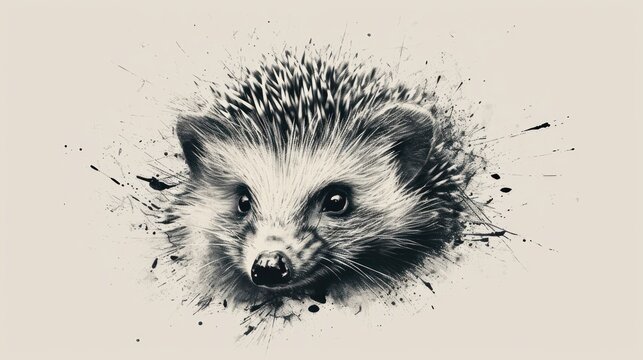  a black and white photo of a porcupine's face with splatters of paint on it.