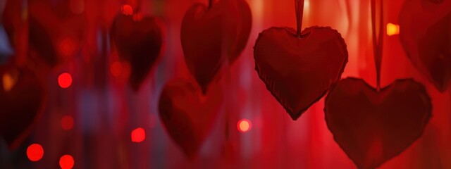 Group of Red Hearts Hanging From Strings - Valentines Day Balloons Generative AI