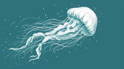  a drawing of a jellyfish floating in the water with bubbles on it's head and a long tail. - obrazy, fototapety, plakaty