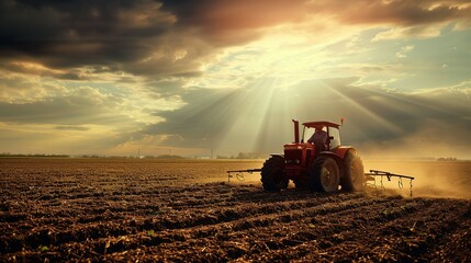 A farmer driving a tractor in a field - obrazy, fototapety, plakaty