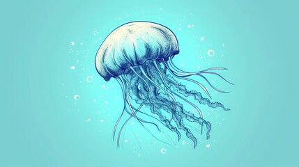  a drawing of a jellyfish floating in the water with bubbles and bubbles on the bottom of it's head.