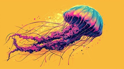 Obraz premium a purple and blue jellyfish floating on top of a yellow watercolor background with a splash of paint on the bottom of the jellyfish.