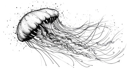  a drawing of a jellyfish with lots of water droplets on it's back and a black and white drawing of a jellyfish's head. - obrazy, fototapety, plakaty