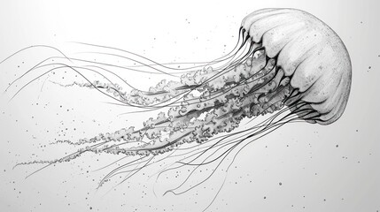 a drawing of a jellyfish in black and white with bubbles of water on the bottom of it's head. - obrazy, fototapety, plakaty