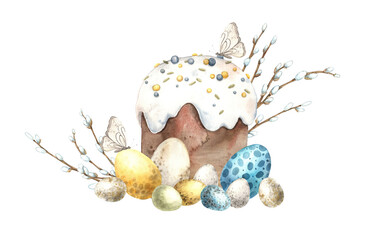 Watercolor Easter composition with Easter cake, willow and different eggs. Sketch on isolated background for greeting cards, invitations, banners, posters, textiles, graphic design.