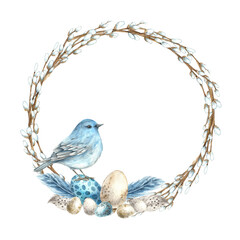 Watercolor Easter willow wreath with eggs, bluebird and assorted feathers. Easter holiday illustration hand drawn. Sketch on isolated background for greeting cards, invitations, happy holidays, poster
