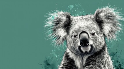  a black and white photo of a koala on a teal background with a splash of paint on it.