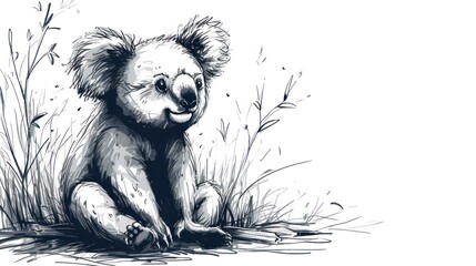  a black and white drawing of a koala sitting in a field of tall grass and looking at the camera. - obrazy, fototapety, plakaty