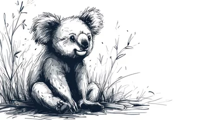 Store enrouleur occultant Forêt des fées  a black and white drawing of a koala sitting in a field of tall grass and looking at the camera.