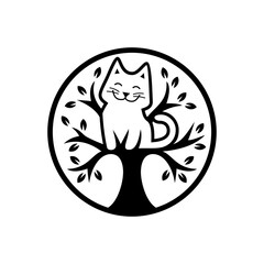 Minimalist Black and White Cat Logo Sitting on a Tree Representing Pet Care, Nature, and Organic Animal Products
