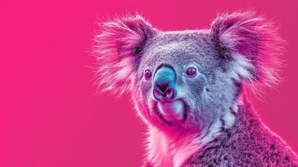  a close up of a koala bear on a pink background with a blurry image of it's face.