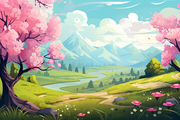 Beautiful landscape illustration of spring with cherry blossoms and mountains