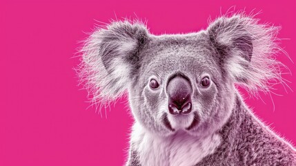  a close up of a koala on a pink background with a black and white photo of it's face.