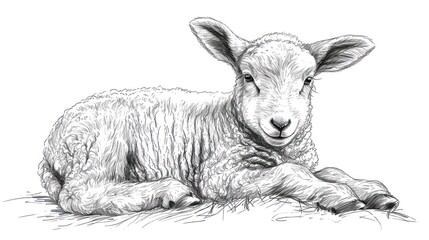  a black and white drawing of a sheep laying on the ground with it's head turned to the side.