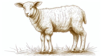  a drawing of a sheep standing on top of a grass covered field in front of a white background with a black outline.