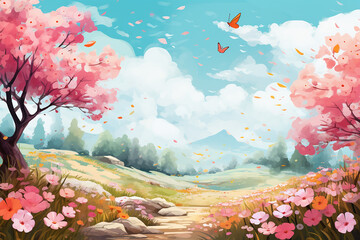 Fototapeta na wymiar Beautiful landscape illustration of spring with cherry blossoms and mountains