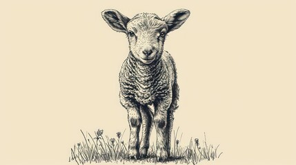  a black and white drawing of a sheep standing in a field of grass with a light colored back ground behind it.