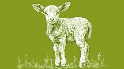  a drawing of a lamb standing in a field of grass on a green background with the word lamb written below it.