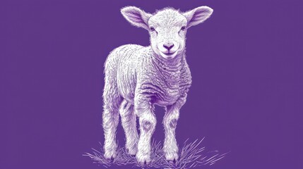  a baby sheep standing on top of a grass covered field next to a purple background with a white outline on the front of the sheep's head.