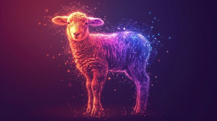 Obraz na płótnie Canvas a colorful sheep standing on top of a purple and blue background with stars in the middle of the image and a red, purple, blue, purple, purple, and pink, and blue, and black background.
