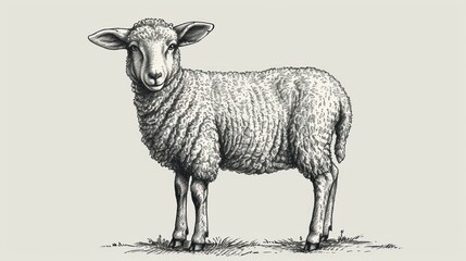  a black and white drawing of a sheep standing on a grass field with it's head turned to the side.
