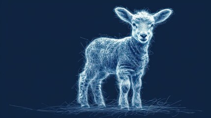  a baby goat standing on top of a grass covered field in front of a dark blue background with white lines.