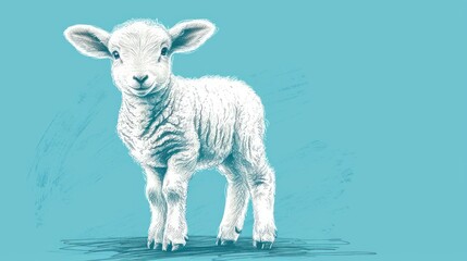  a drawing of a baby lamb standing on a blue background with a shadow of it's head on the ground.