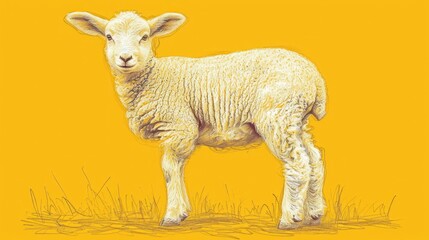  a drawing of a sheep standing on top of a grass covered field next to a yellow wall with a yellow background.