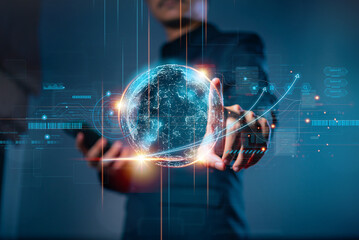 Businessman holding hologram of Global business network connection, Analyzation big data and business intelligence concept, Global business and digital link tech.