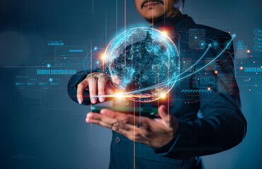 Businessman holding hologram of Global business network connection, Analyzation big data and business intelligence concept, Global business and digital link tech.
