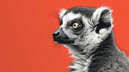  a close up of a lemura's face on a red background with a black and white background.