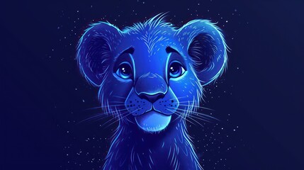  a close up of a lion cub's face with a blue glow on it's face and stars in the background.