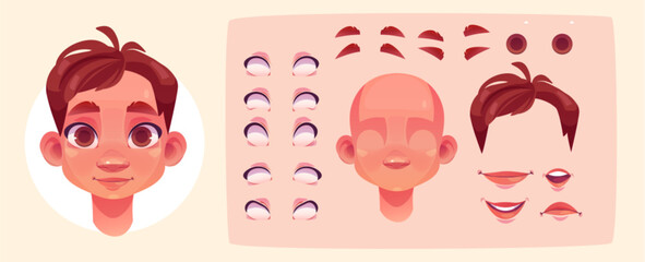 Teen kid boy face construction kit for creating various facial emotions and expression - eye slit, lips and brows position. Cartoon vector illustration set of customizable head elements of cute child.