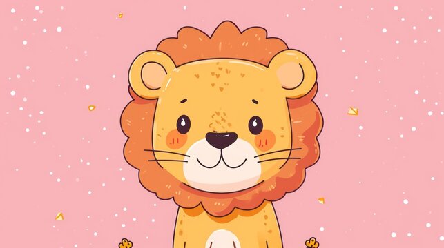  a picture of a cartoon lion on a pink background with snow flakes around it and stars around the edges.