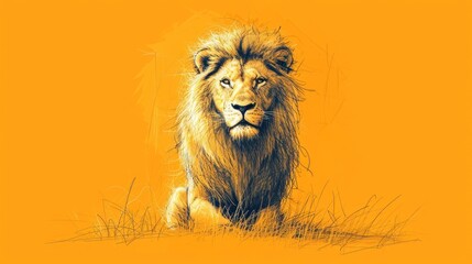  a drawing of a lion standing in a field of grass with a yellow background and a black and white drawing of a lion's head.